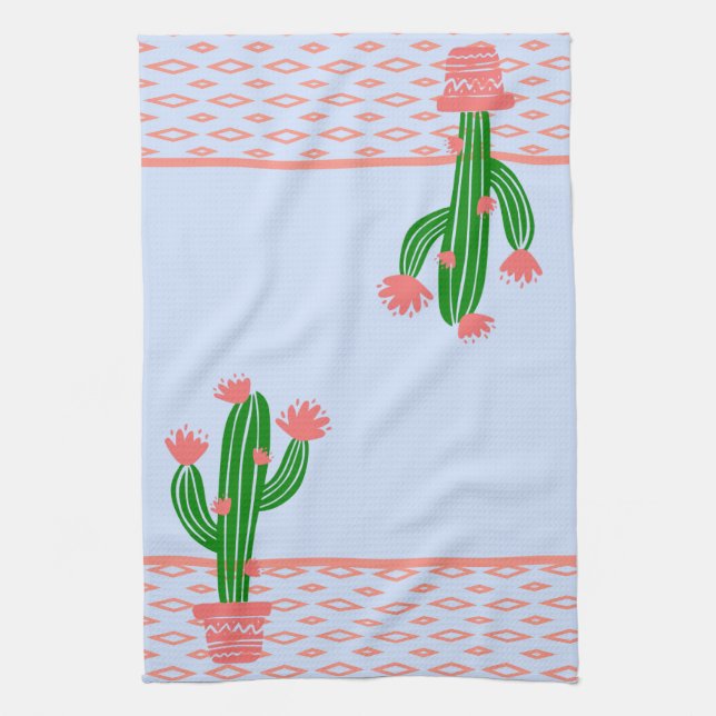 Saguarokaktusen, korallro och tänder - blått kökshandduk (Vertikal)