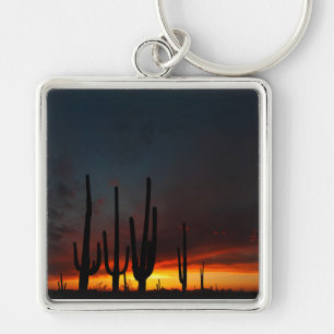 Saguarokaktussolnedgång Keychain Fyrkantig Silverfärgad Nyckelring