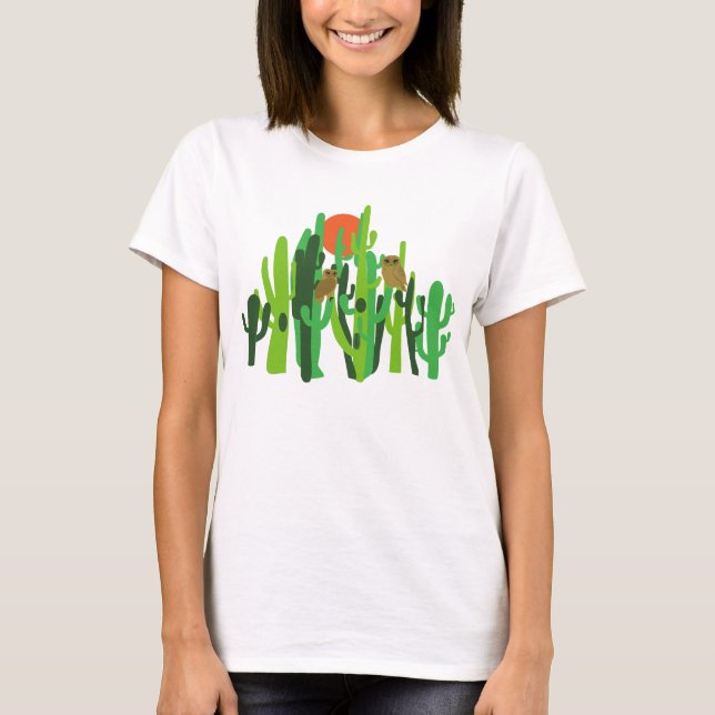 Saguaros Cactus Forest Desert Uggla Sunset T Shirt (Framsida)