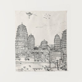 Saigon Pagoda Vietnam Cityscape Pen Ink Drawing