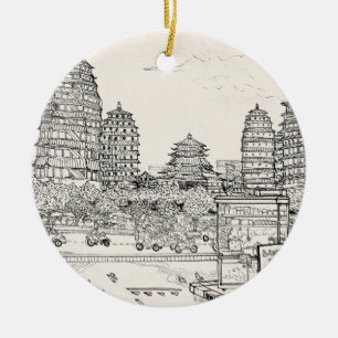 Saigon Pagoda Vietnam Cityscape Pen Ink Drawing Julgransprydnad Keramik
