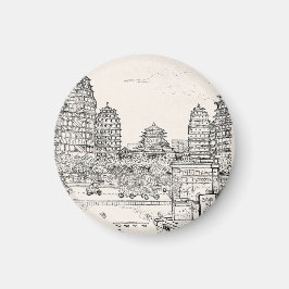 Saigon Pagoda Vietnam Cityscape Pen Ink Drawing Magnet