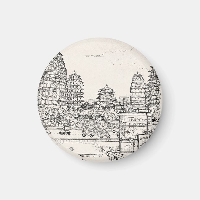 Saigon Pagoda Vietnam Cityscape Pen Ink Drawing Magnet (Framsidan)