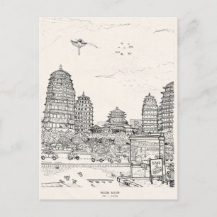 Saigon Pagoda Vietnam Cityscape Pen Ink Drawing Vykort