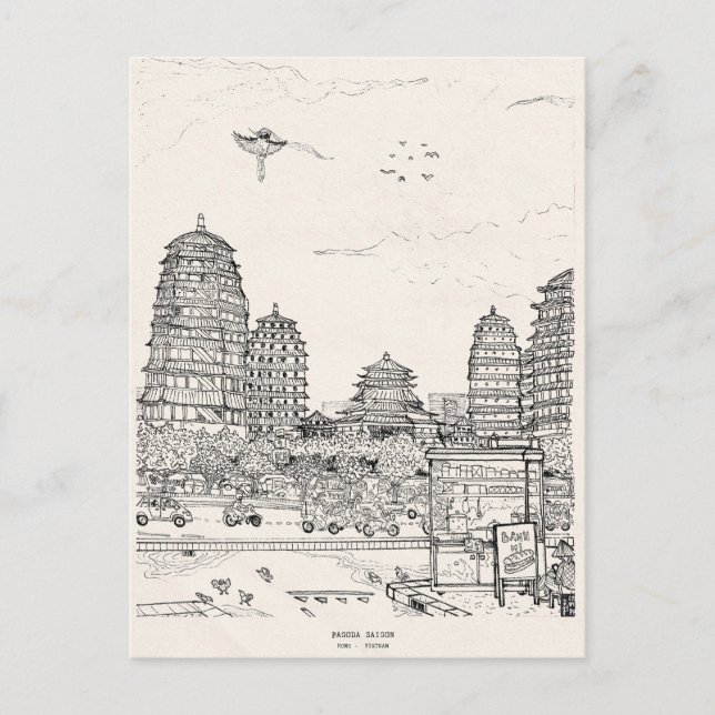 Saigon Pagoda Vietnam Cityscape Pen Ink Drawing Vykort (Framsida)