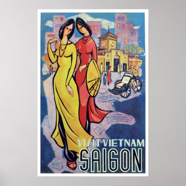Saigon, Vietnam - Vintage Art Deco Travel Print Poster (Framsidan)
