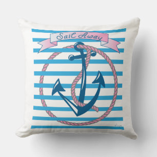 "Sail Away" Anchor med Rosa Rope och blue rand Kudde