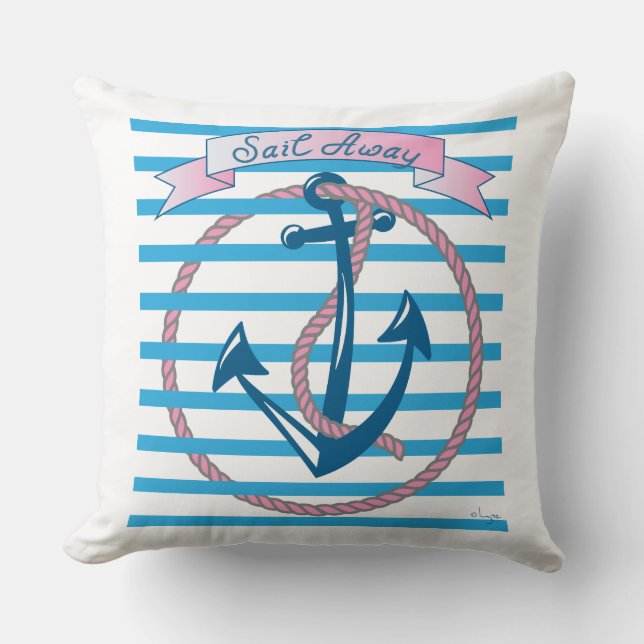 "Sail Away" Anchor med Rosa Rope och blue rand Kudde (Framsida)