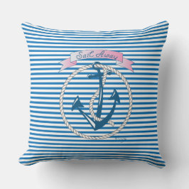 "Sail Away" Anchor, vit Rope och blå Rand Kudde