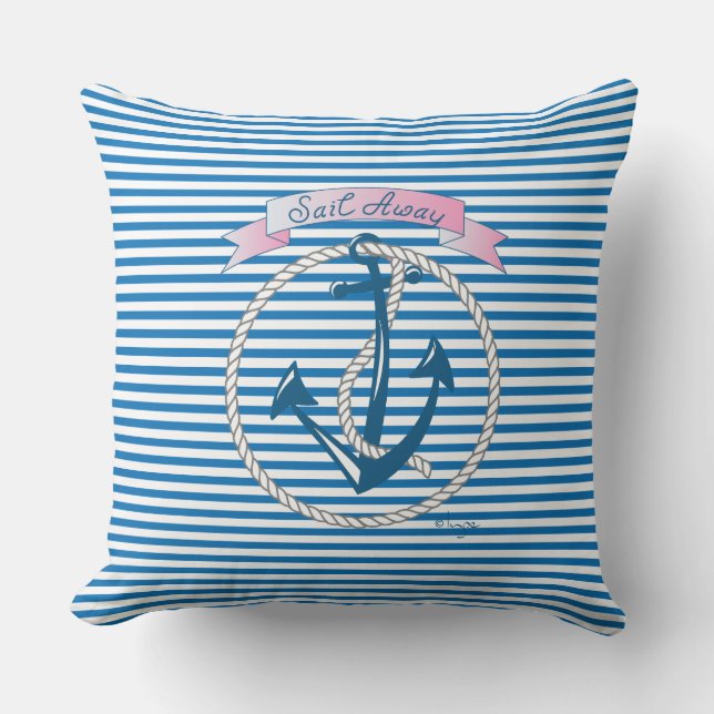 "Sail Away" Anchor, vit Rope och blå Rand Kudde (Framsida)