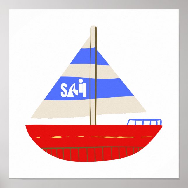SAIL Nautical Rött vitt blått Sailboat Poster (Framsidan)