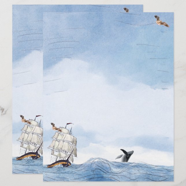 Sailboat and Whale Stationery (Fram/baksida)