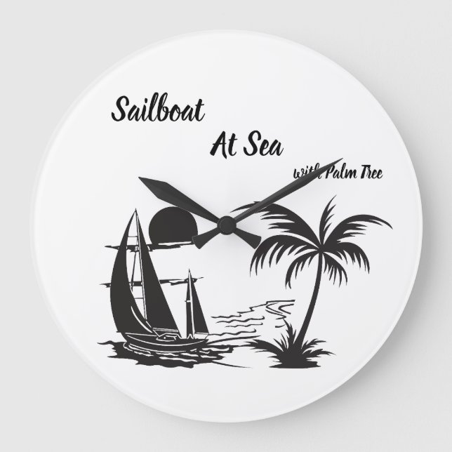 Sailboat at Sea with Palm Tree – Tropical Beach Stor Klocka (Framsida)