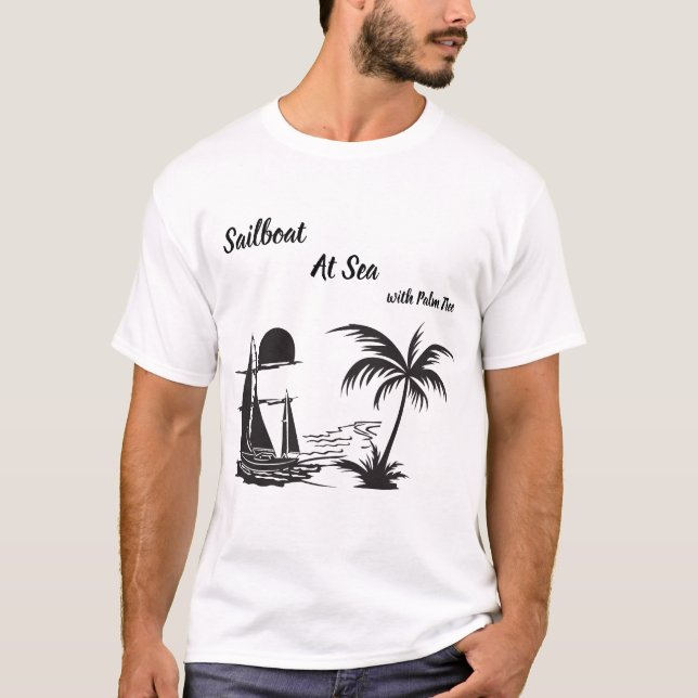 Sailboat at Sea with Palm Tree – Tropical Beach T Shirt (Framsida)