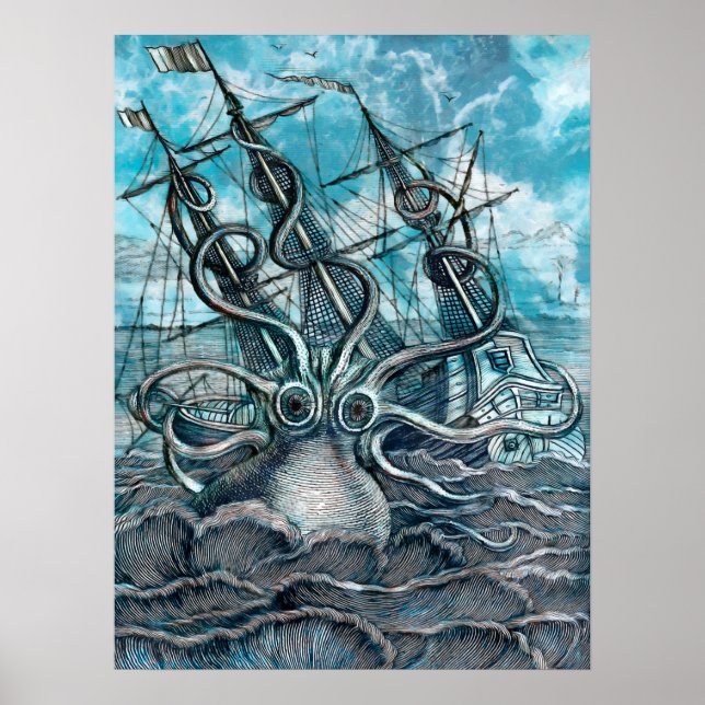 Sailboat-båten av arten Octopus Blue Sea Poster (Framsidan)