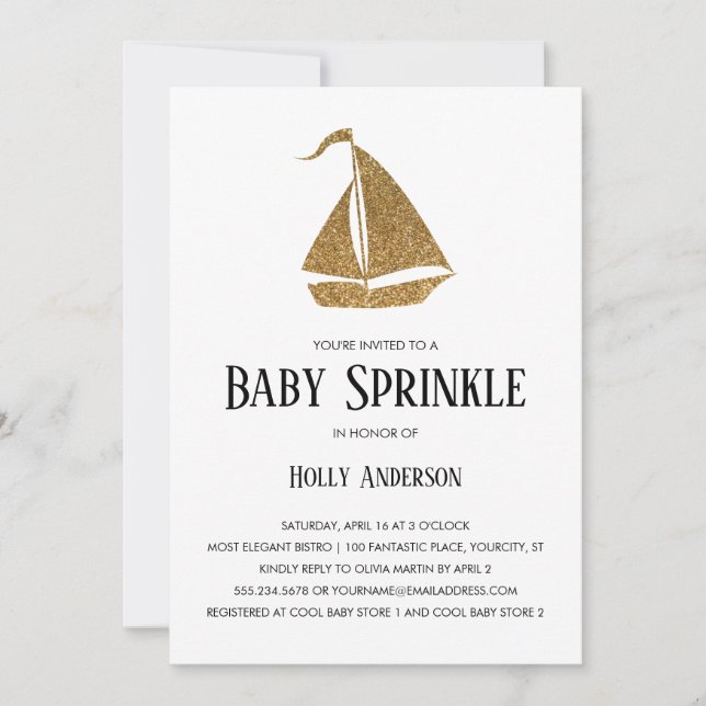 Sailboat-båten Baby Sprinkle Faux Guld Glitter Inbjudningar (Framsida)