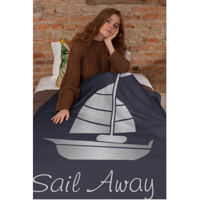 Sailboat Blanket silver och Navy Sail Away Ull Fleecefilt (Sail away cozy blanket with a sailboat.)