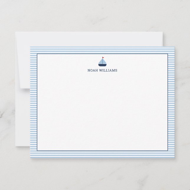 Sailboat Blue Stripes Personalized Stationery Anteckningskort (Framsida)