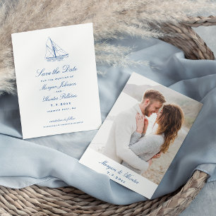 Sailboat Elegant Navy Blue Bröllop Photo Spara Datumet