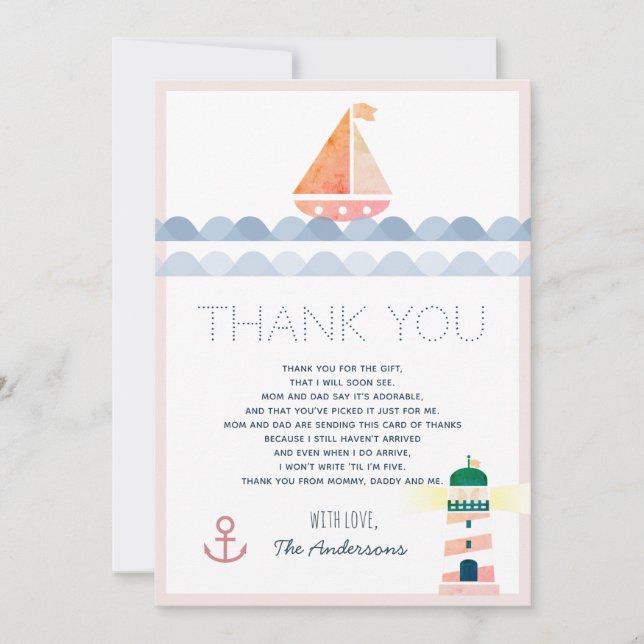 Sailboat & Lighthouse Rosa Baby Shower Tack Inbjudningar (Framsida)