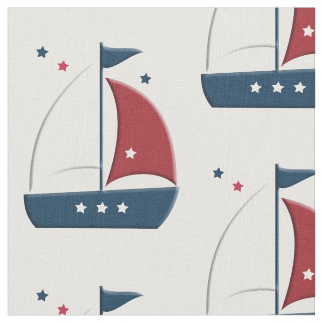 Sailboat Little Sailor Nautical Fabric Tyg (Närbild)