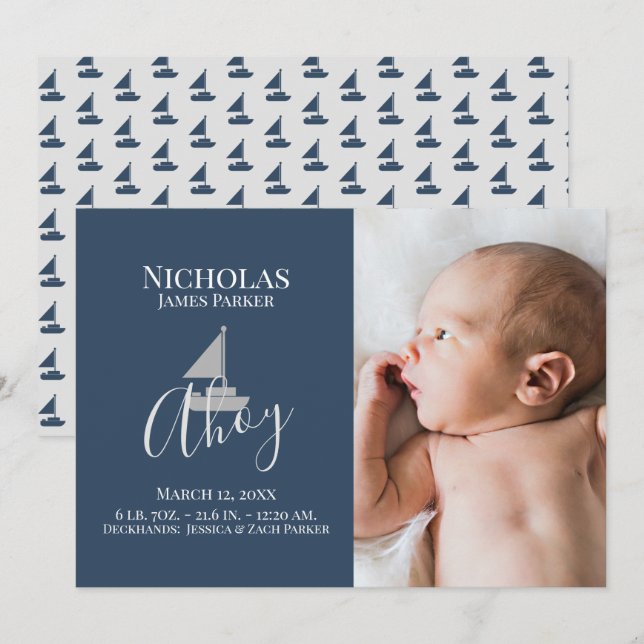 Sailboat Nautical Birth med Photo Announcement Inbjudningar (Fram/baksida)