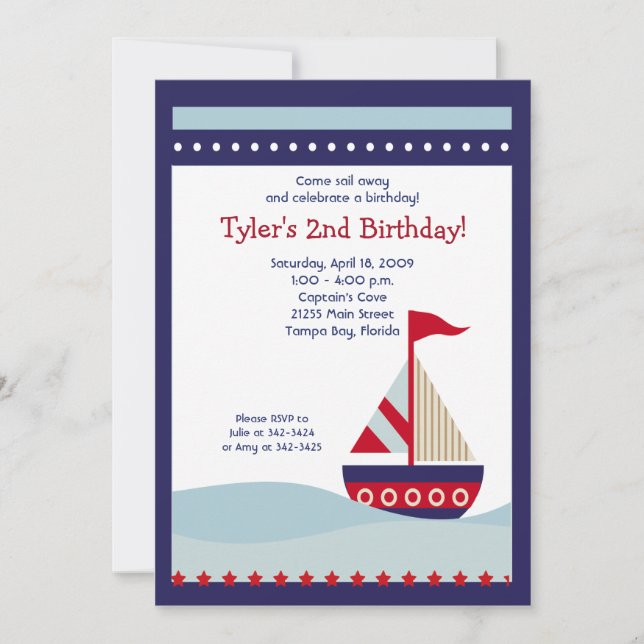 Sailboat Navy Boat Nautical Birthday 5x7 Inbjudningar (Framsida)