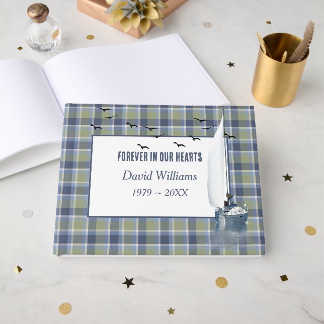 Sailboat On Plaid For Memorial Service Gästböcker (Framsida Öppen)
