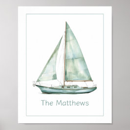 Sailboat Personlig Kustomiserad Vattenfärg i Blått Poster