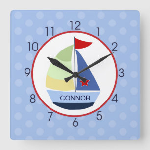 Sailboat Red, Navy, Light Blue Wall-klocka Fyrkantig Klocka