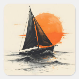 Sailboat-skiss med Orange Sol Fyrkantigt Klistermärke