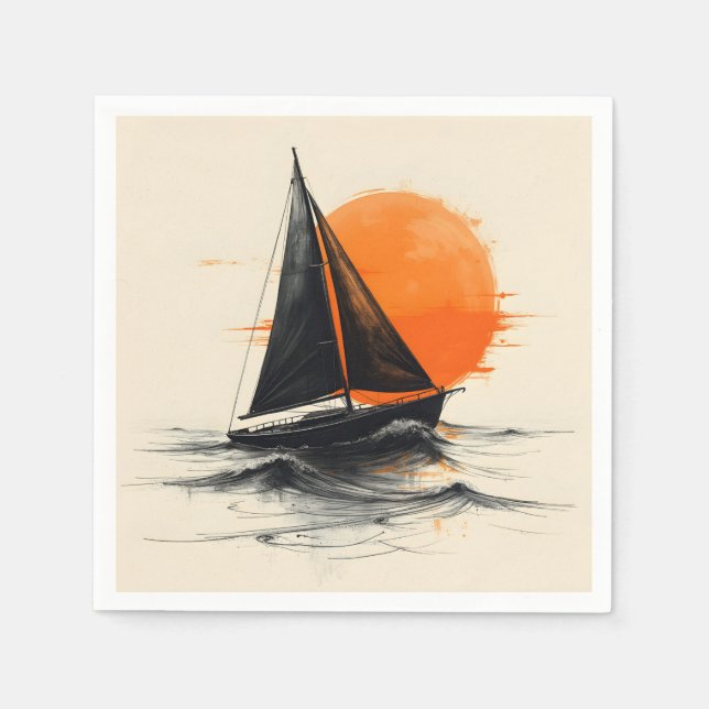 Sailboat-skiss med Orange Sol Pappersservett (Framsidan)