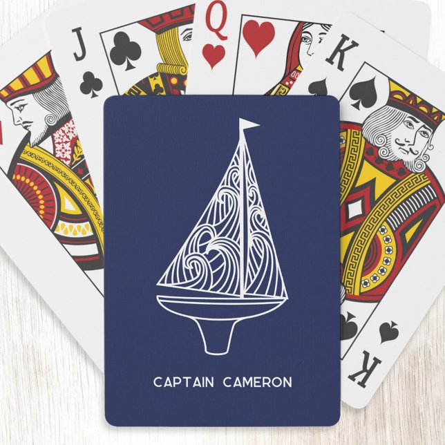 Sailing Boat Captain Name Nautical Navy Blue Casinokort (Fun Captain or Boat Name personalized yacht or sail boat art nautical playing cards)