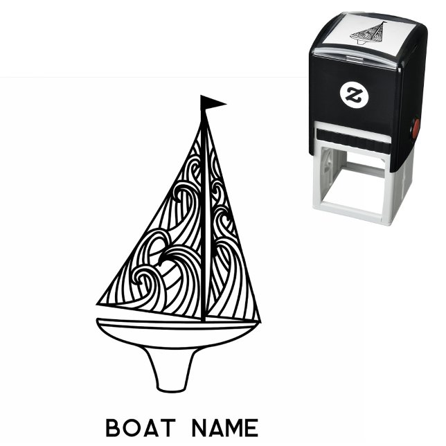 Sailing Boat Namn Självfärgande Stämpel (Sailing boat and custom text boat name modern self inking stamp)