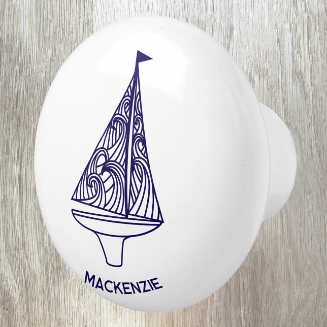 Sailing Boat Personalized Name Knopp (Personalized sailing boat yacht boat or name ceramic door pull or knob for boat, beach or lake house)