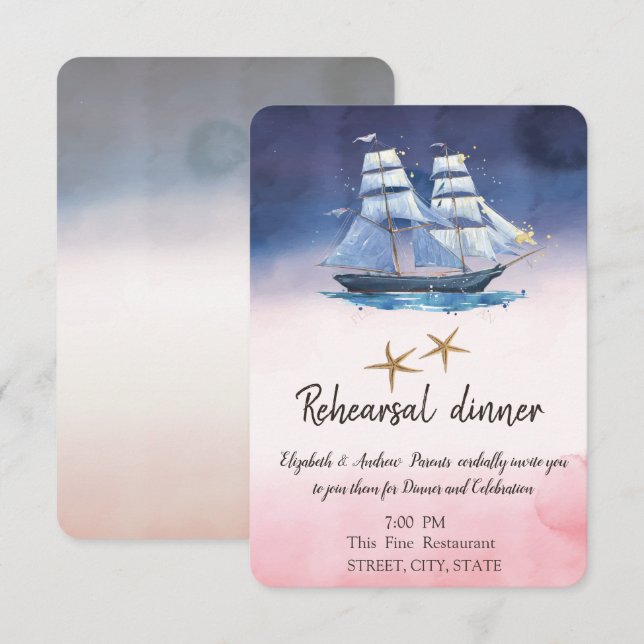 Sailing Boat Seastars Rehearsal Dinner  Inbjudningar (Fram/baksida)