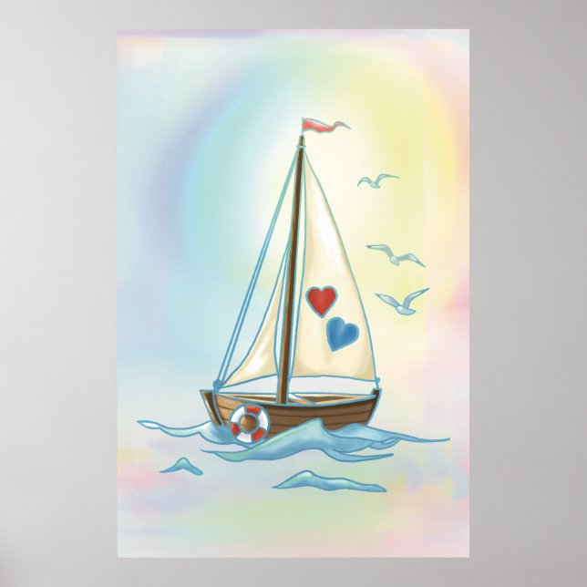 Sailing Hearts – Minimalist Boat with Love Sails Poster (Framsidan)