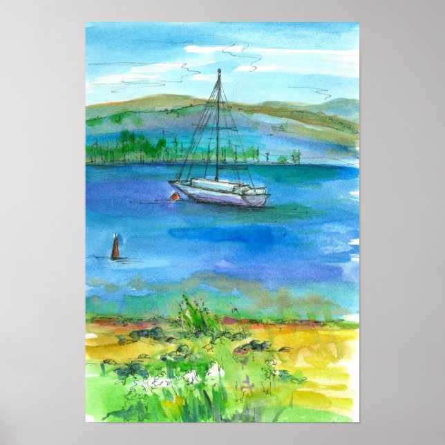Sailing Mountain Sjö Watercolor Poster (Framsidan)
