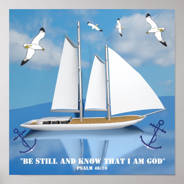 Sailing Yacht on Lugn Vatten with Soaring Fiskmåsa Poster (Framsidan)