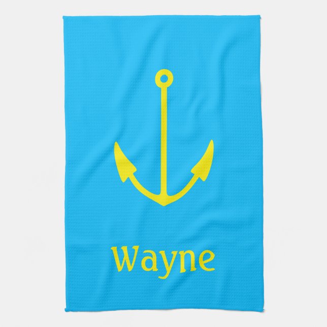 Sailor Anchor Blue Boat (Namn) Gult Kökshandduk (Vertikal)