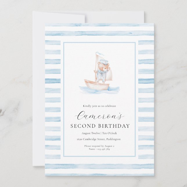 Sailor Bear Blue Rand Birthday Inbjudningar (Framsida)