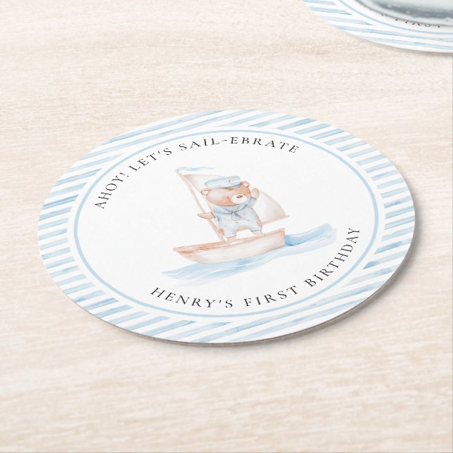 Sailor Bear Blue Rand Birthday Underlägg Papper Rund (Vinklad)