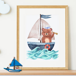 Sailor Bear Boat Vågar Nautical Summer Boy Nursery Poster