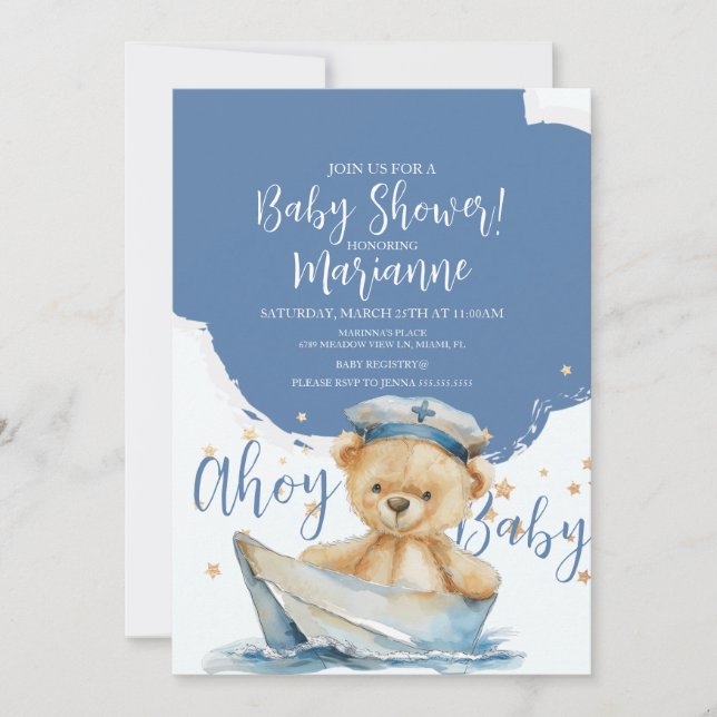  Sailor Bear Boy Baby Shower  Invitation Inbjudningar (Framsida)