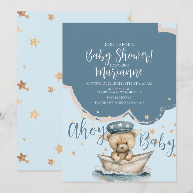  Sailor Bear Boy Stars Baby Shower  Invitation Inbjudningar (Fram/baksida)