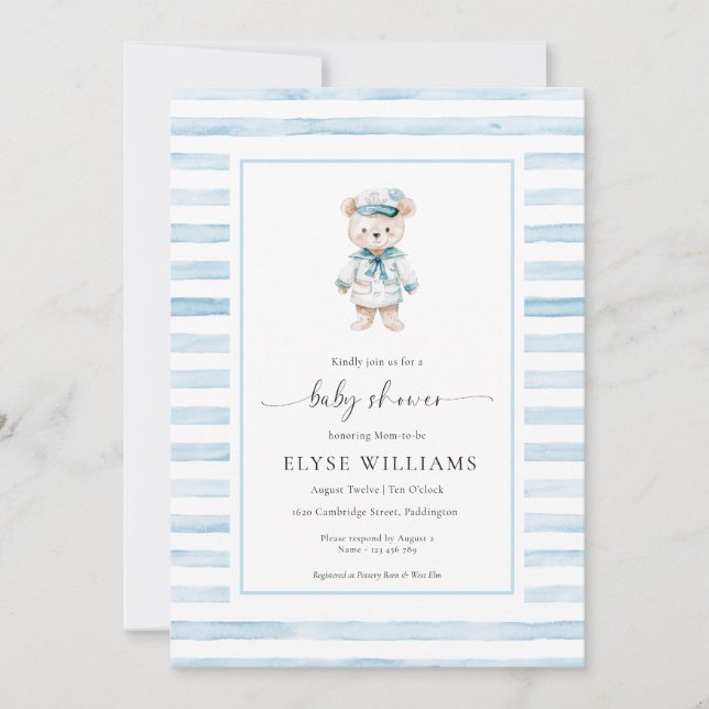 Sailor Bear Kapten Blue Rand Baby Shower Inbjudningar (Framsida)