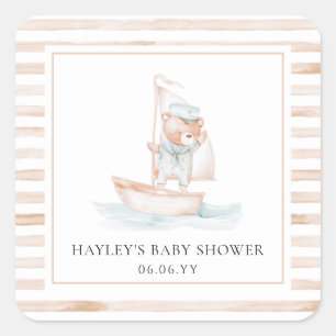 Sailor Bear Tan Rand Baby Shower Fyrkantigt Klistermärke