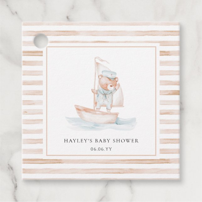Sailor Bear Tan Rand Baby Shower Gåvor Etiketter (Framsida)