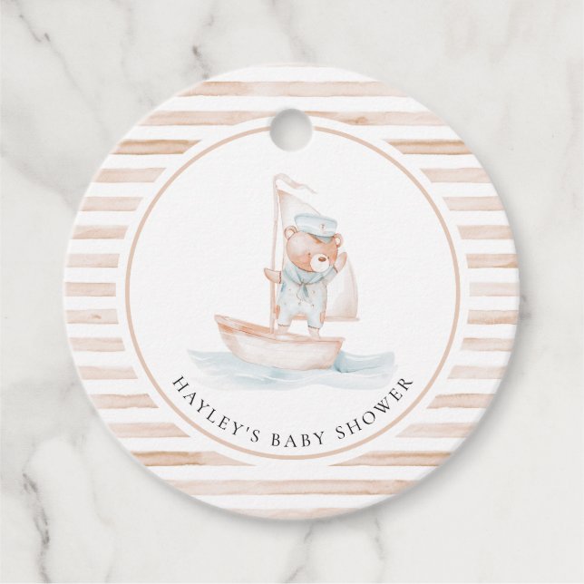 Sailor Bear Tan Rand Baby Shower Gåvor Etiketter (Framsida)
