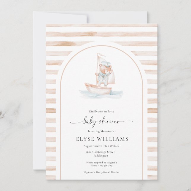 Sailor Bear Tan Rand Baby Shower Inbjudningar (Framsida)